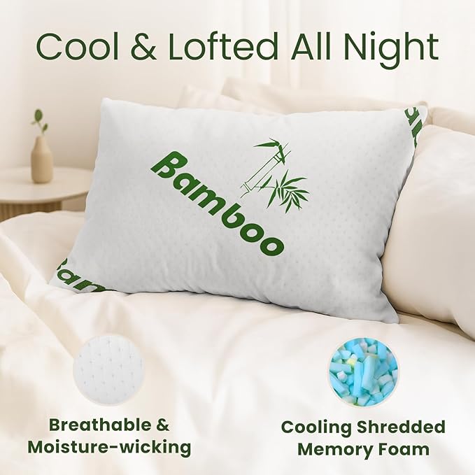 Memory Foam Pillows Queen Size Set of 2 - Cooling Bed Pillows for Sleeping - Back, Stomach, Side Sleeper Firm, Comfy Cool Shredded - 2 Pack, Rayon Derived from Bamboo