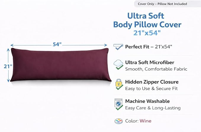 EVOLIVE Body Pillow Cover 21"x54", Ultra Soft Microfiber Pillowcase with Hidden Zipper, Breathable, Machine Washable, for Pregnancy & Side Sleepers, Cover Only (21"x54" Body Pillow Cover, Wine)