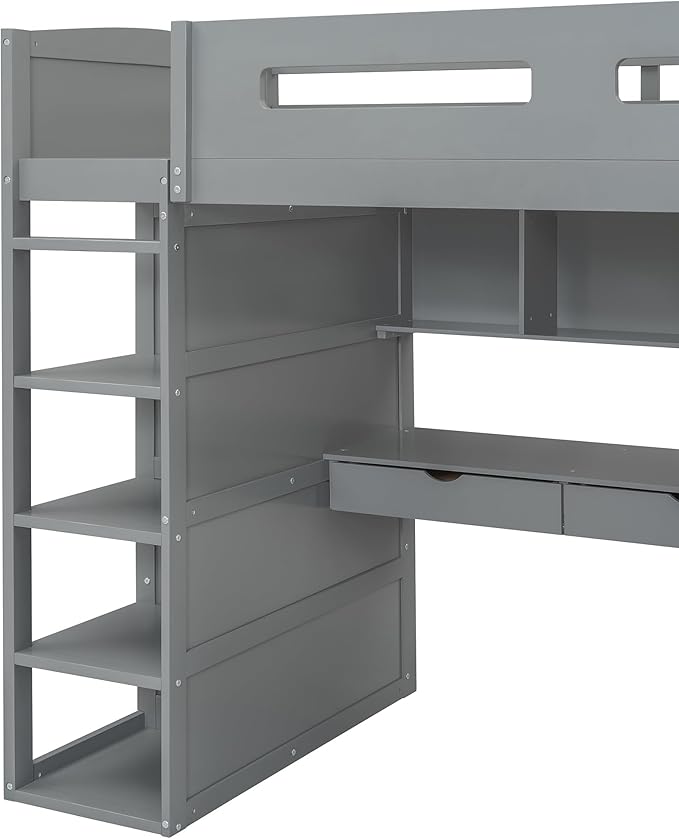 Multi-Functional Twin Size Loft Bed with Built-in Desk and Wardrobes, Solid Wood Loft Bed Frame with 4 Drawers and 4 Shelves for Kids Teens Boys Adults, Maximize Space (Gray-t)