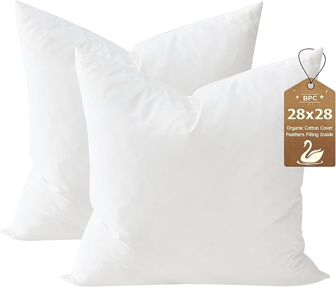 BPC 28x28 Down Feather Throw Pillow Inserts Set of 2, 100% Organic Cotton Cover, Soft Square Decorative Pillow for Sofa, Couch and Bed, White