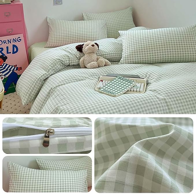Nayoroom Green Gingham Duvet Cover Full Size Plaid Checkered Duvet Cover Girls Dorm Bedding Set 3 Pieces Soft Lightweight Washed Microfiber Farmhouse Bedding with Pillowcases