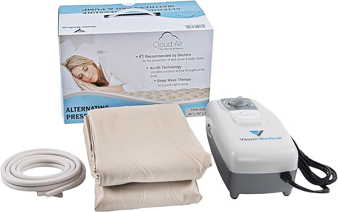 Vaunn Medical Cloud Air Whisper Quiet Alternating Air Pressure Mattress Topper with Pump Twin Size 36" x 78" x 3"