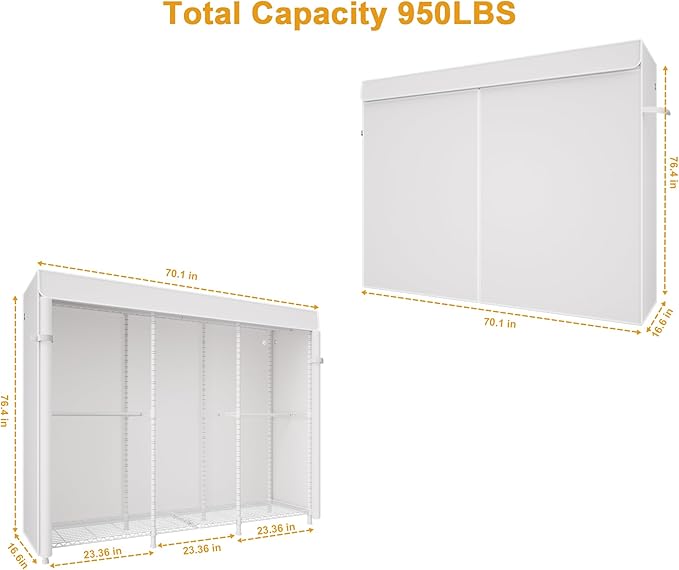 ULIFHOME E14C Pro Heavy Duty Closet Organizer System，Freestanding Clothing Racks for Hanging Clothes，Adjustable Garment Rack 70.1"W × 16.6"D × 76.4"H Hold 960 lbs，White Rack with White Dustproof Cover