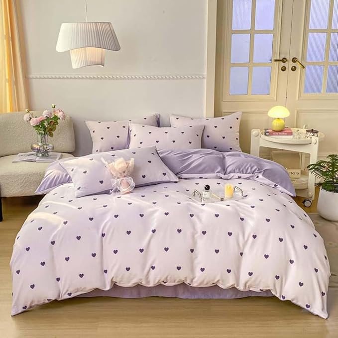 Nayoroom Purple Heart Duvet Cover Queen Size Cute Hearts Coquette Bedding Set Kids Girls Heart-Shaped Comforter Cover with Zipper Closure Soft Breathable Microfiber