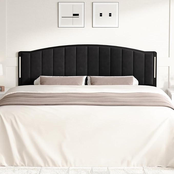 Headboard for King Size Bed with LED Lights, Upholstered Vertical Channel Tufting Head Boards, Velvet Headboard Only, Study & Comfortable, Ideal for Bedroom, Dorm, Guest Room, Black