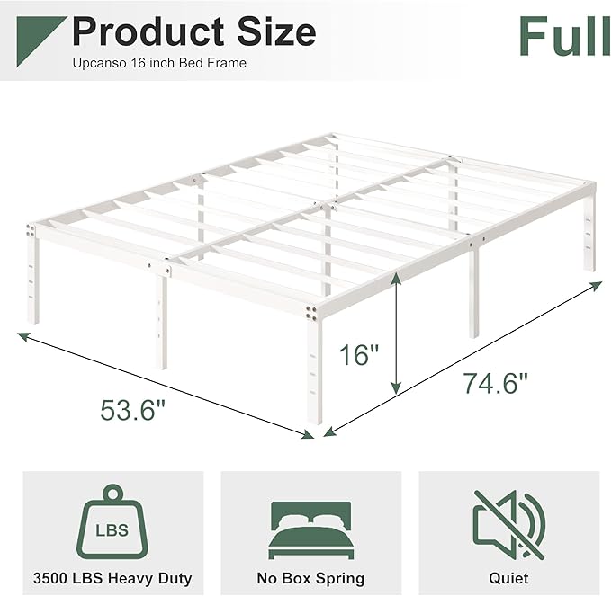 Upcanso 16 Inch White Full Size Bed Frame No Box Spring Need, Metal Platform Full Bed Frames with High Storage, Eassy Assembly 3,500 lbs Heavy Duty Bedframes