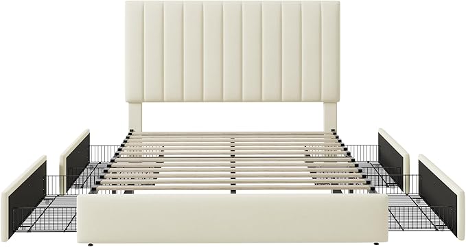 Allewie Full Size Storage Bed Frame, Vertical Channel Tufted Adjustable Headboard, Velvet Upholstered Platform Bed with 4 Oversized Underbed Drawers, Wooden Slats Support, No Box Spring Needed, Cream