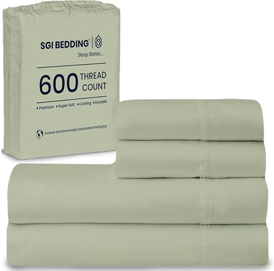 SGI bedding 100% Egyptian Cotton Sheets Queen Size – 600 Thread Count Sheets Set, Soft, Cooling, 15" Deep Pocket, Luxury Hotel Bedding, Breathable, Durable - Moss