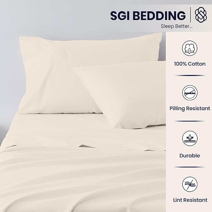 SGI Split King Sheet Set for Adjustable Bed Egyptian Premium Cotton 600 Thread Count Sheets for Sleep Number Bed 15" Deep Pocket 5 Pc Set with 2 Twin XL Fitted Sheets Soft Breathable -Ivory