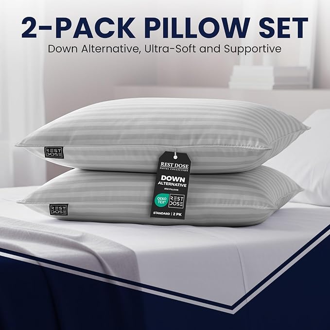 Bed Pillows for Sleeping, Set of 2 – Cooling, Hotel Quality with Soft Down Alternative Fill for Back, Stomach & Side Sleepers | White Striped Queen