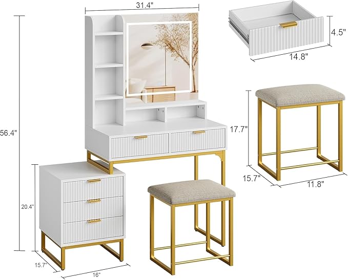 GarveeHome Makeup Vanity Desk with Mirror and Lights, Vanity Table with 5 Drawers, Vanity Set with Stool and Removable Side Storage Cabinet for Bedroom, White & Gold