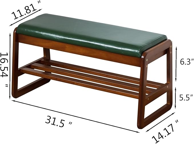 SOBIBO Shoe Bench with Storage - 2-Tier Entryway Bench, Solid Wood Shoe Rack with Cushion & Flip-Open Box, Mid-Century Modern for Hallway, Mudroom, Bedroom (Green, 31.5'')