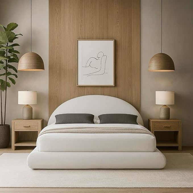 Round Bed – Washable Zip Cover - Upholstered Linen Soft Foam - Modular Minimalist Modern - Half Circle Moon - Sold Sold Separately (White Linen, King Base)