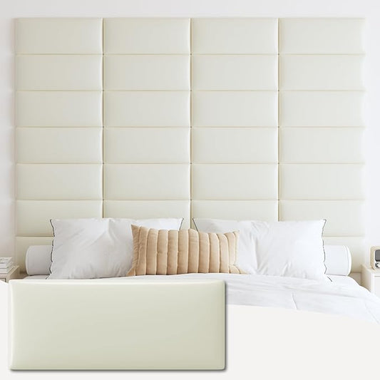 IFNOW Wall Mounted Upholstered Headboard Full, 3D Peel and Stick Soundproof Wall Panels, Reusable and Removable Padded Headboard Leather Bed, 6 Panels 9.84" x 23.62", Beige