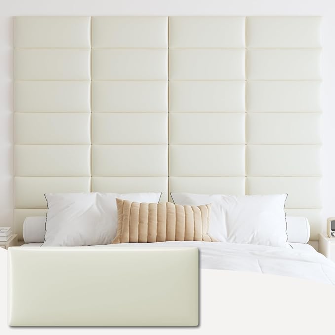 IFNOW Wall Mounted Upholstered Headboard Queen, 3D Peel and Stick Soundproof Wall Panels, Reusable and Removable Padded Headboard Leather Bed, 9 Panels 9.84" x 23.62", Beige