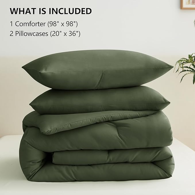 CozyLux Oversized Queen Comforter Set Olive Green, 3 Pieces 98x98 Solid Breathable Quilted Bedding Sets All Season, Luxury Soft Lightweight Bed Set with Down Alternative Comforter and 2 Pillowcases