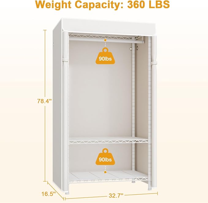ULIFHOME H5C Clothes Rack with Cover, Portable Closet for Hanging Clothes, Covered Clothing Racks Heavy Duty, Garment Racks with Shelves, Max Load 360LBS, White Closet Rack with White Cover