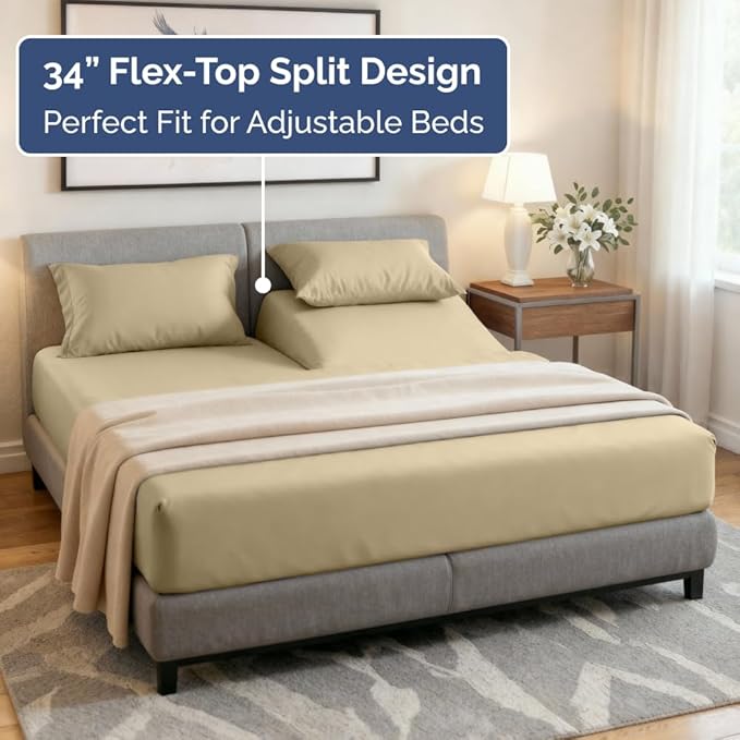 Flex Top Split Head King 4 Piece Sheet Set - Ultra-Soft, Breathable & Cooling Bed Sheets Set - Hotel Luxury Bedding for Women & Men with Deep Pockets - Wrinkle Free & Fade Resistant - Oeko-Tex - Beige