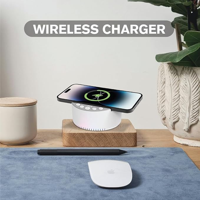Sound Machine with Wireless Charger & Bluetooth Speaker – White Noise Sleep Aid with Memory Function, 6 Soothing Sounds, 3 Timer Modes – Compact Bedside Relaxation Device, White
