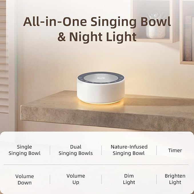 Kipcush Automatic Tibetan Meditation Bowl Sound Machine - 7 Himalayan Tones + 7 Color Night Light - Timer & Touch Control - No Manual Striking for Yoga, Chakra Healing, Stress Relief - Plug In