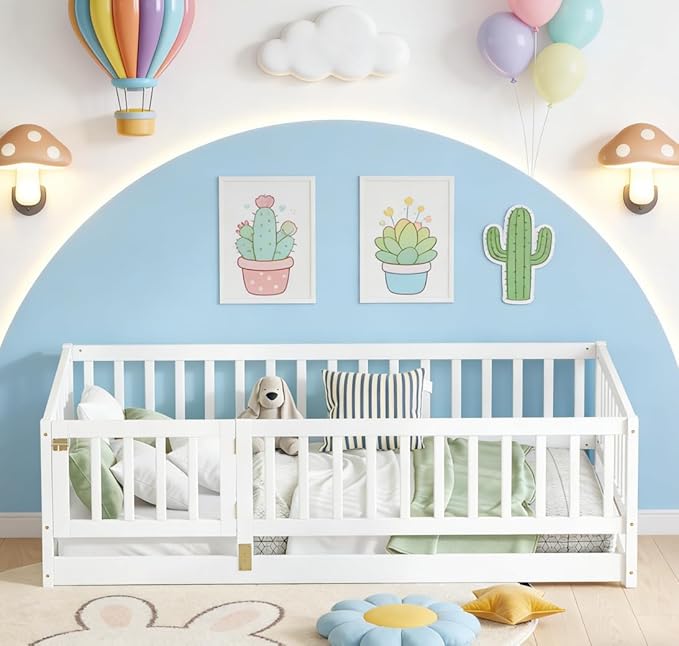 Bellemave Twin Size Montessori Floor Bed with 21.5" High Rails and Slats, Pine,Plywood Floor Bed with Small Door, White