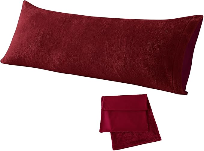 Whatsbedding Sherpa Body Pillow Cover, Ultra Soft Faux Fur Body Pillowcase, Luxury Shaggy Plush Long Pillowcase, Envelope Closure - Burgundy Red (20x54 inch)