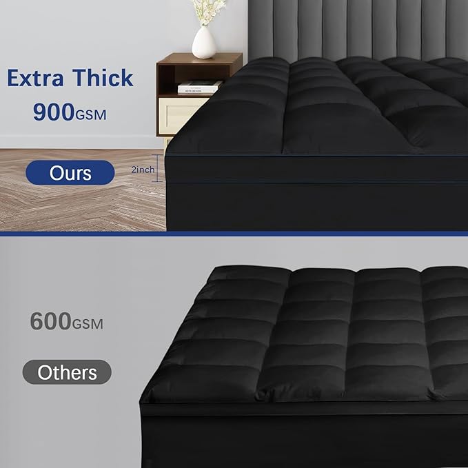 CYMULA Full Size Mattress Topper, Cooling Mattress Pad Cover, Thick Full Bed Pillow Topper Mattress Topper with Deep Pockets, Washable Plush Down Alternative Fill Mattress Protector, Black