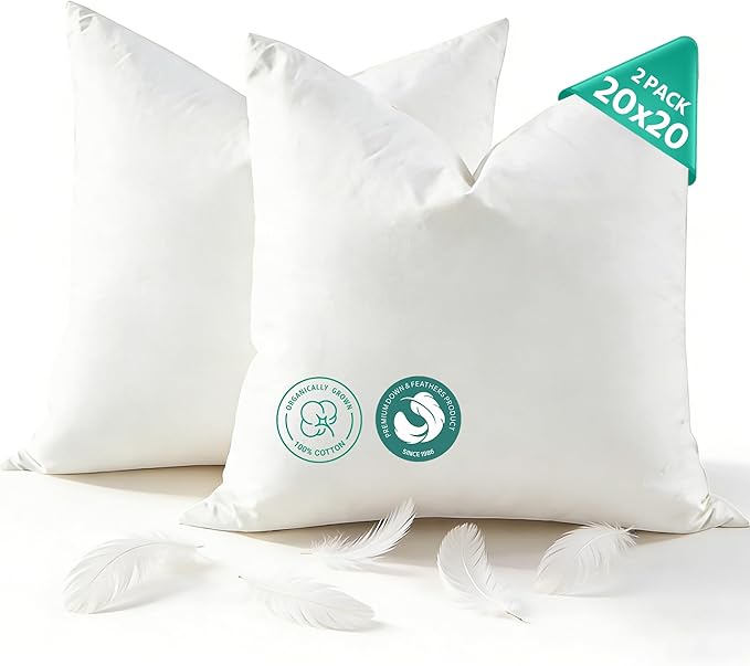 APSMILE Organic Cotton Goose Feather Down Plus Throw Pillow Inserts, 20x20 Inch Set of 2, Soft Supportive Square Decorative Pillow Forms for Couch, Sofa, Bed