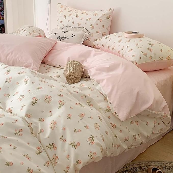 Nayoroom Pink Floral Duvet Cover Queen Size Reversible Green Botanical Leaf Printed on White Spring Comforter Cover 3Pcs Soft Microfiber Aesthetic Cottagecore Bedding Set Gift for Women Girls
