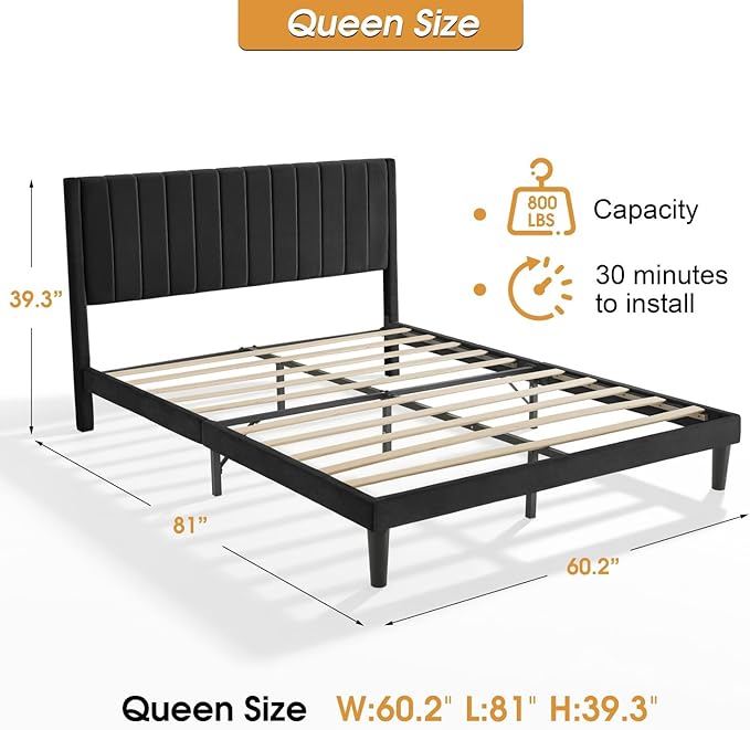 Queen Bed Frame Upholstered Platform,Queen Size Bed Frame with Velvet Headboard,Non-Slip and Noise-Free/Wooden Slats Support/No Box Spring Needed/Easy Assembly/Mattress Foundation Black (Black, Queen)