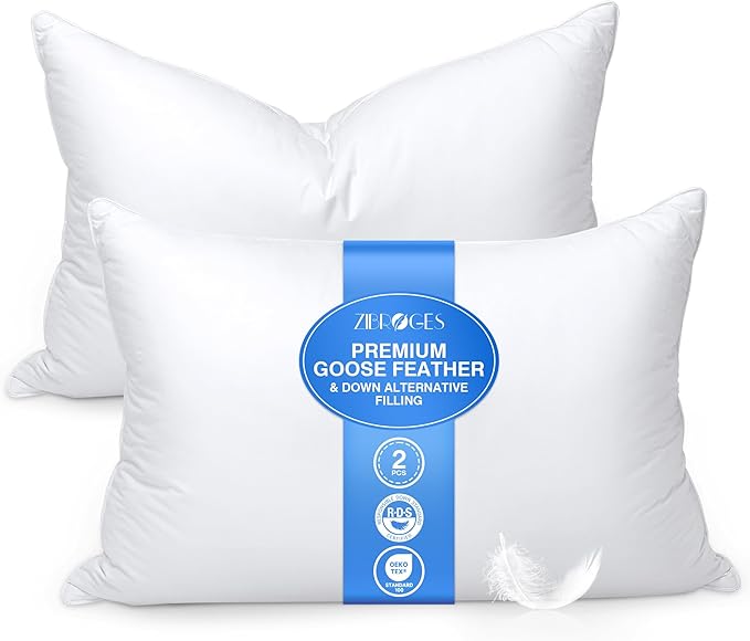Goose Feather Pillow Queen Size Set of 2 - Soft and Firm Two Sides Optional, Down Hotel Bed Pillows for Sleeping, Fluffy Support Surround Fill Polyester for Back, Stomach, Side Sleepers