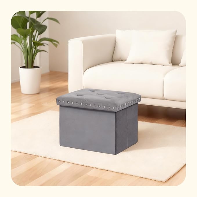 PINPLUS Storage Ottoman with Benches Foot Rest Stool, Folding Velvet Shoes Chest for Bedroom, Living Room, Grey,16.5"x12.6"x12.6"