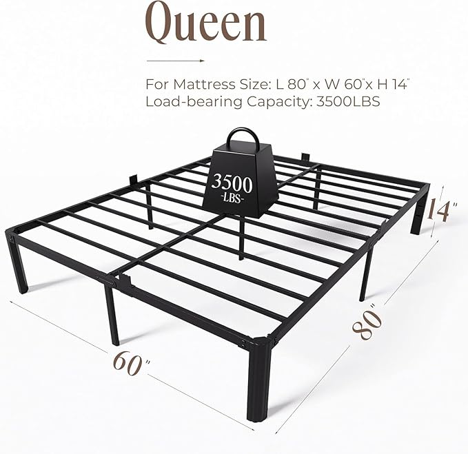 Metal Bed Frame Queen Size, 14 Inch 3000 lbs Heavy Duty Platform Bed Frames Noise Free No Box Spring Needed, Easy Assemble Sturdy Bedframe with Storage