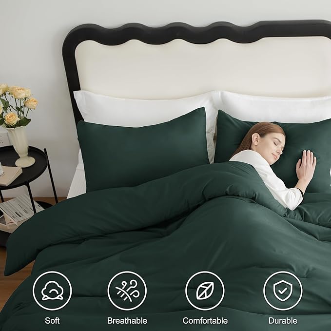 CozyLux Oversized Queen Comforter Set Forest Green, 3 Pieces 98x98 Solid Breathable Quilted Bedding Sets All Season, Luxury Soft Lightweight Bed Set with Down Alternative Comforter and 2 Pillowcases