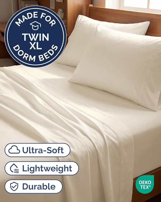 Twin XL 4 Piece Sheet Set - Comfy Breathable & Cooling - Hotel Luxury Bedding for Women, Men, Kids, Teens & Children - 1 Flat & 1 Fitted Sheet & 2 Pillowcases w/ Deep Pockets, Wrinkle Free - Off White