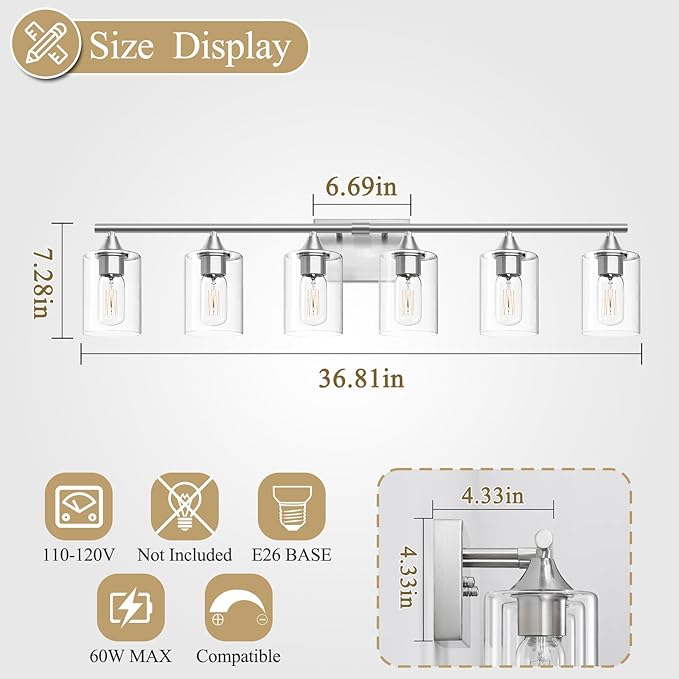 6-Light Bathroom Lighting Fixtures Over Mirror,Brushed Nickel Light Fixture Bathroom,Vanity Light with Clear Glass Shade,Modern Wall Lights for Mirror Bedroom Living Hallway