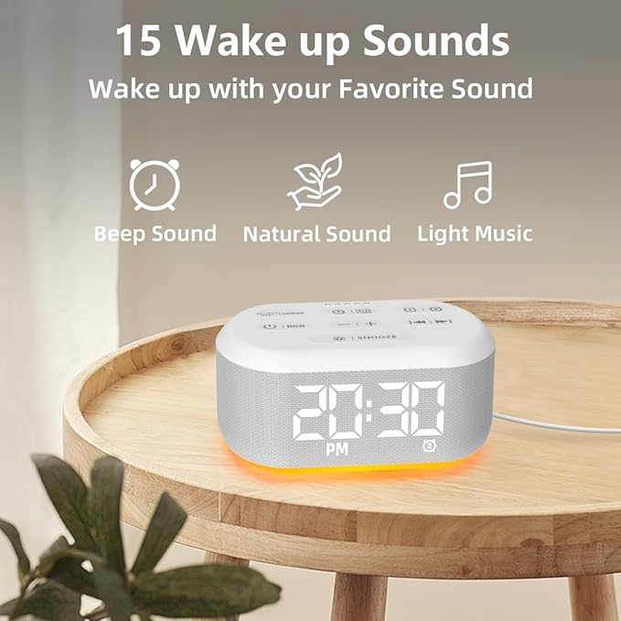 Small Digital Alarm Clock for Bedroom White Noise Sound Machine with 30 Soothing Sound Plug in Desk Bedside Clock with NightLight Battery Backup 15 Wake up Sound Clock for Teen Kid Heavy Sleeper