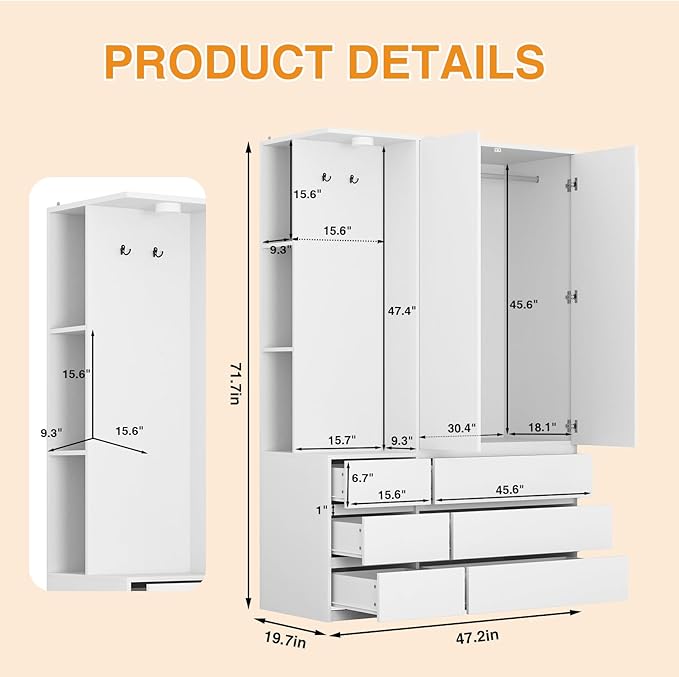 Armoire Wardrobe Closet with Mirror Door and LED Light, Bedroom Armoire with 6 Drawers, Modern Wooden Large Wardrobe Closet with Shelves, Wooden Armoire with Hanging Rod for Bedroom(White)