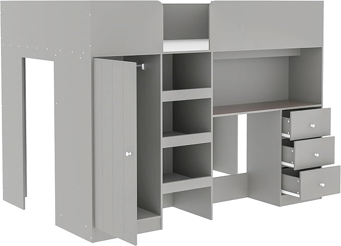 Harper & Bright Designs Full Size Loft Bed with Desk, Wood Full Loft Bed Frame with Built-in Wardrobe, Storage Shelves and Drawers, Gray