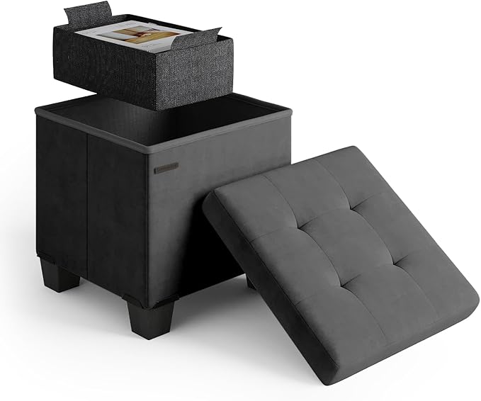 Storage Ottoman Cube with Small Bin, 15-in Square Ottoman with Storage for Living Room and Bedroom, Small Ottomans Foot Rest, Velvet Foot Stools Ottomans Max 330lbs, Grey