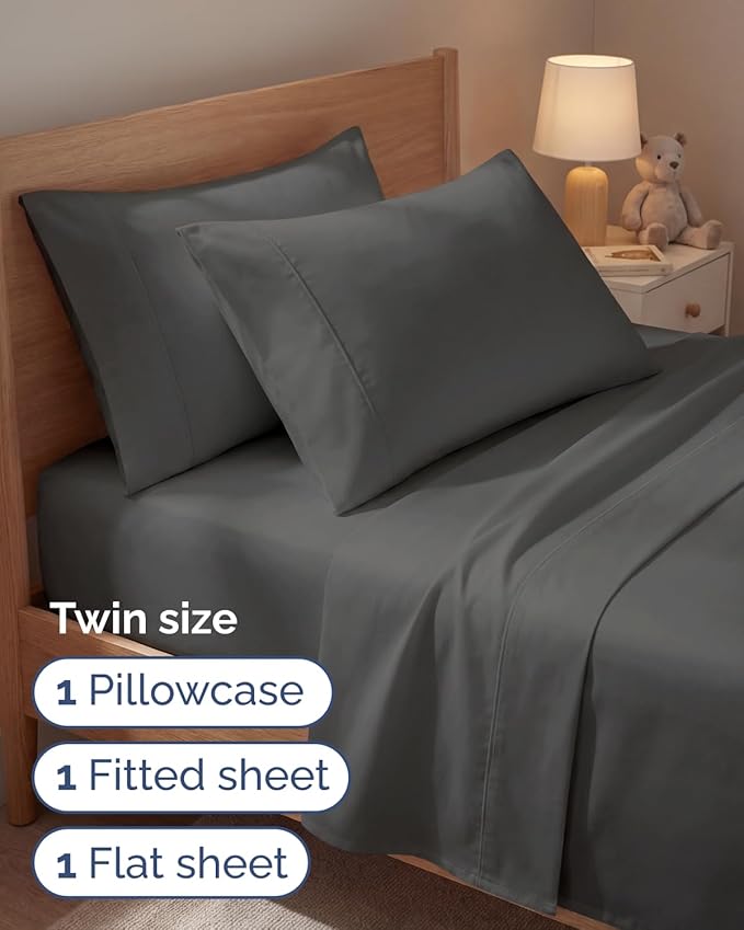 Twin 4 Piece Sheet Set - Comfy, Breathable & Cooling - Hotel Luxury Bedding for Women, Men, Kids, Teens and Children - 1 Flat & 1 Fitted Sheet & 2 Pillowcases w/ Deep Pockets - Wrinkle Free - Charcoal