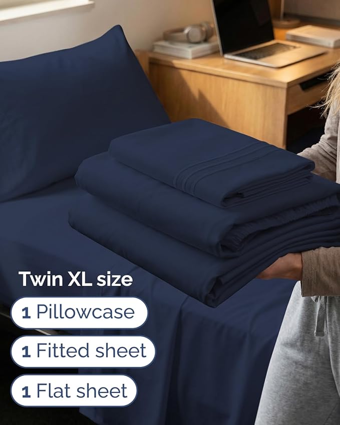 Twin XL Size 3 Piece Sheet Set - Comfy Breathable & Cooling Sheets - Hotel Luxury Bed Sheets for Women & Men - Deep Pockets, Easy-Fit, Soft and Wrinkle Free Sheets - Navy Blue Oeko-Tex Bed Sheet Set