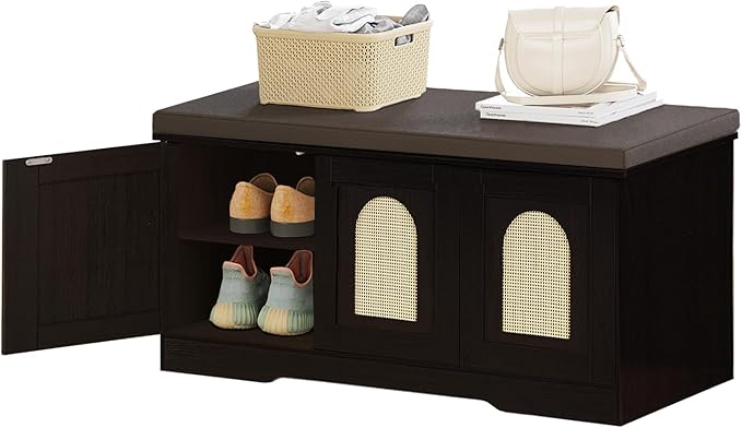 DINZI LVJ Shoe Bench, Entryway Storage Bench with Doors, Cushion, 2-Tier Shoe Rack with 6-Cubby, 39.4”L x 13.8”W Shoe Organizer Cabinet, Adjustable Shelf, Living Room, Bedroom, Espresso with Rattan