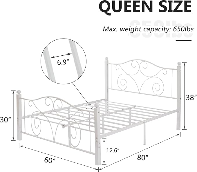 VECELO Queen Size Bed Frame with Headboard and Footboard, Heavy Duty Metal Slat Support, Platform Mattress Foundation, No Box Spring Needed, Easy Assembly, White