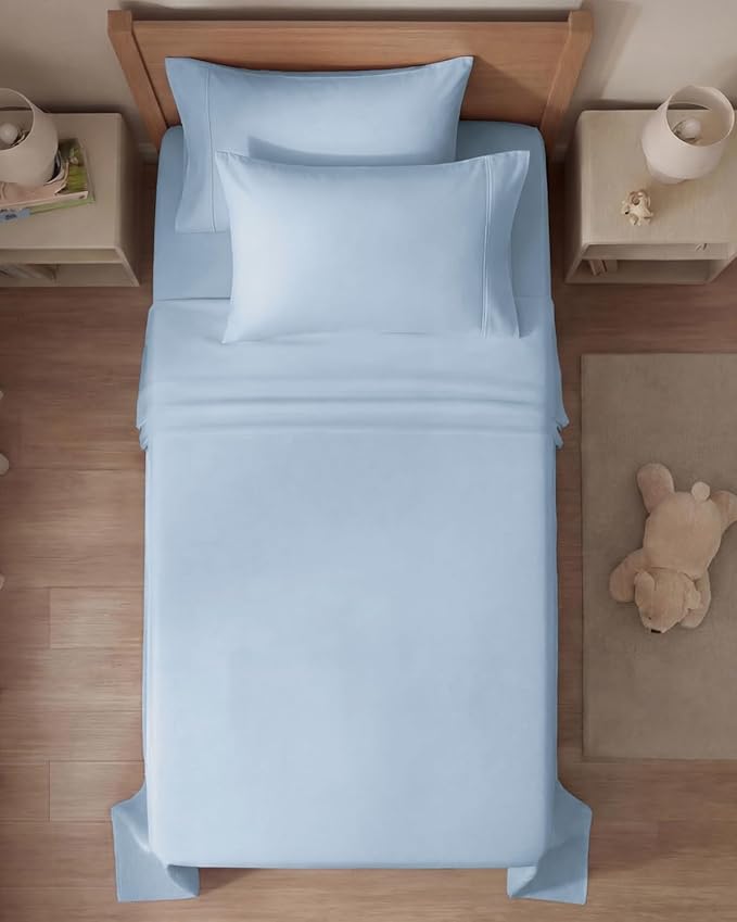 Twin 4 Piece Sheet Set - Comfy, Breathable & Cooling - Hotel Luxury Bedding for Women, Men, Kids, Teens & Children - 1 Flat & 1 Fitted Sheet & 2 Pillowcases w/ Deep Pockets - Wrinkle Free - Baby Blue