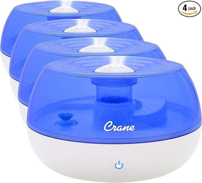 Crane Personal Ultrasonic Cool Mist Humidifier, for Home Bedroom Hotels Travel and Office, 0.2 Gallon, Filter Free, Blue and White (Pack of 4)