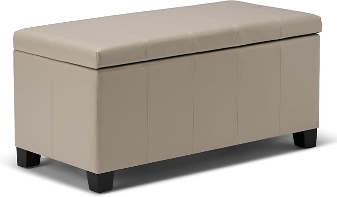 SIMPLIHOME Dover Storage Ottoman Bench - 36 inch Wide Upholstered Vegan Leather Rectangular Lift-Top Ottoman in Satin Cream, Contemporary Bench for Living Room with Safety Hinges