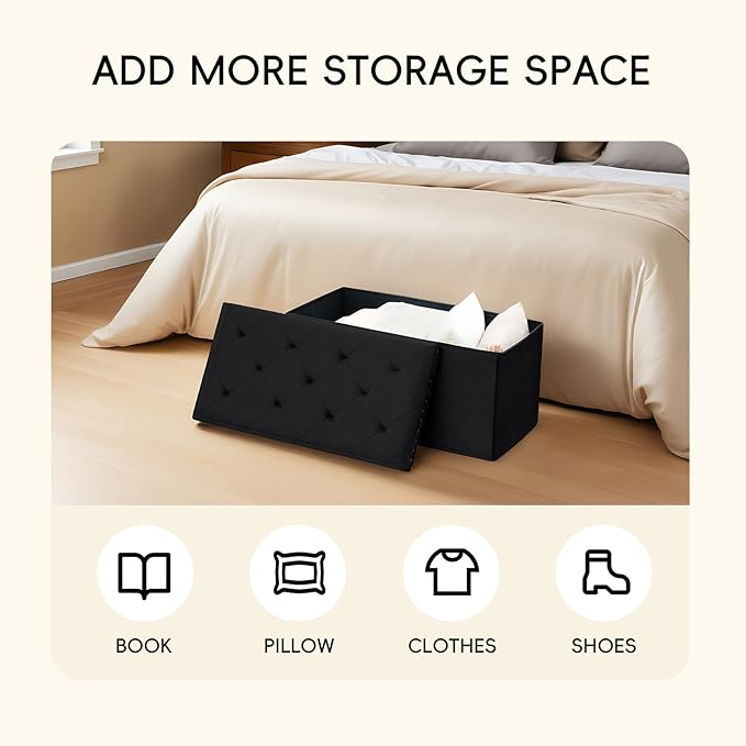 PINPLUS Velvet Storage Ottoman Bench with Foot Rest, Large Long Folding Shoes Stool, Sturdy Space-Saving Furniture for Bedroom Living Room, Black, 30"x15"x15"