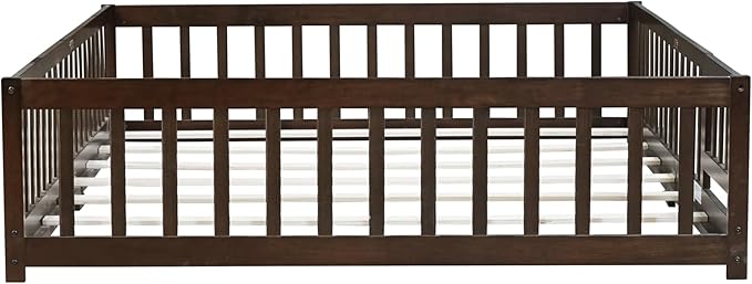 Bellemave Queen Floor Bed Frame with Rails and Door, Solid Wood Montessori Queen Size Floor Bed, Low Profile Montessori Beds with Removable Slats, Espresso