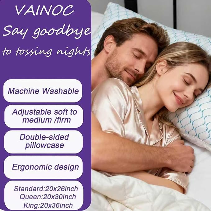 VAINOC Memory Foam Pillows Queen Size Set of 2, Adjustable Cooling Pillow for Side Back Stomach Sleepers with Washable Removable Cover